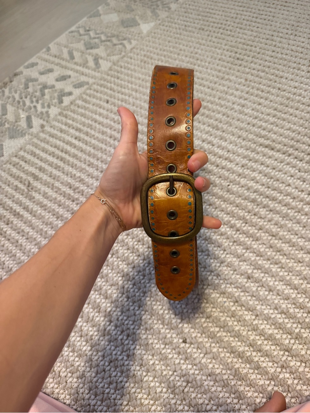 Hollister Tan Leather Grommet Belt with Antique Brass Buckle